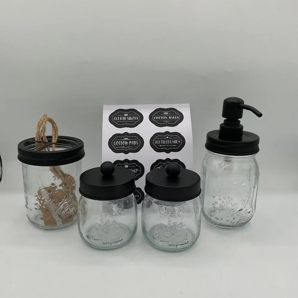 mason jar bathroom accessories with a sheet of labels for organization